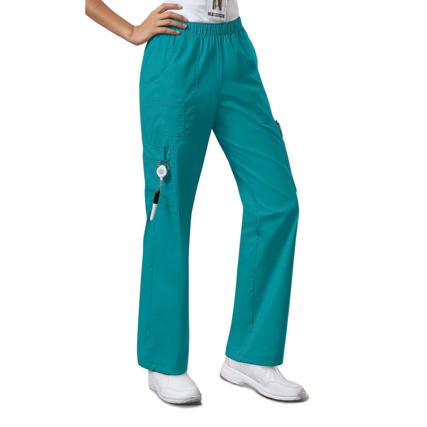 Cherokee Workwear Core Stretch 4005 Scrubs Pants Women's Mid Rise Pull-On Cargo Teal Blue