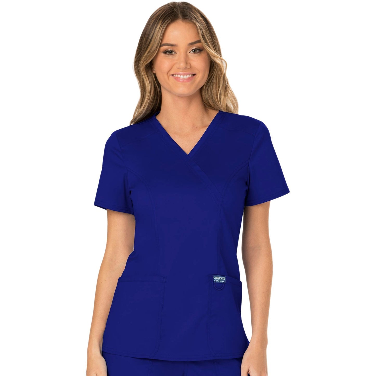 Cherokee Workwear Revolution WW610 Scrubs Top Women's Mock Wrap Galaxy Blue