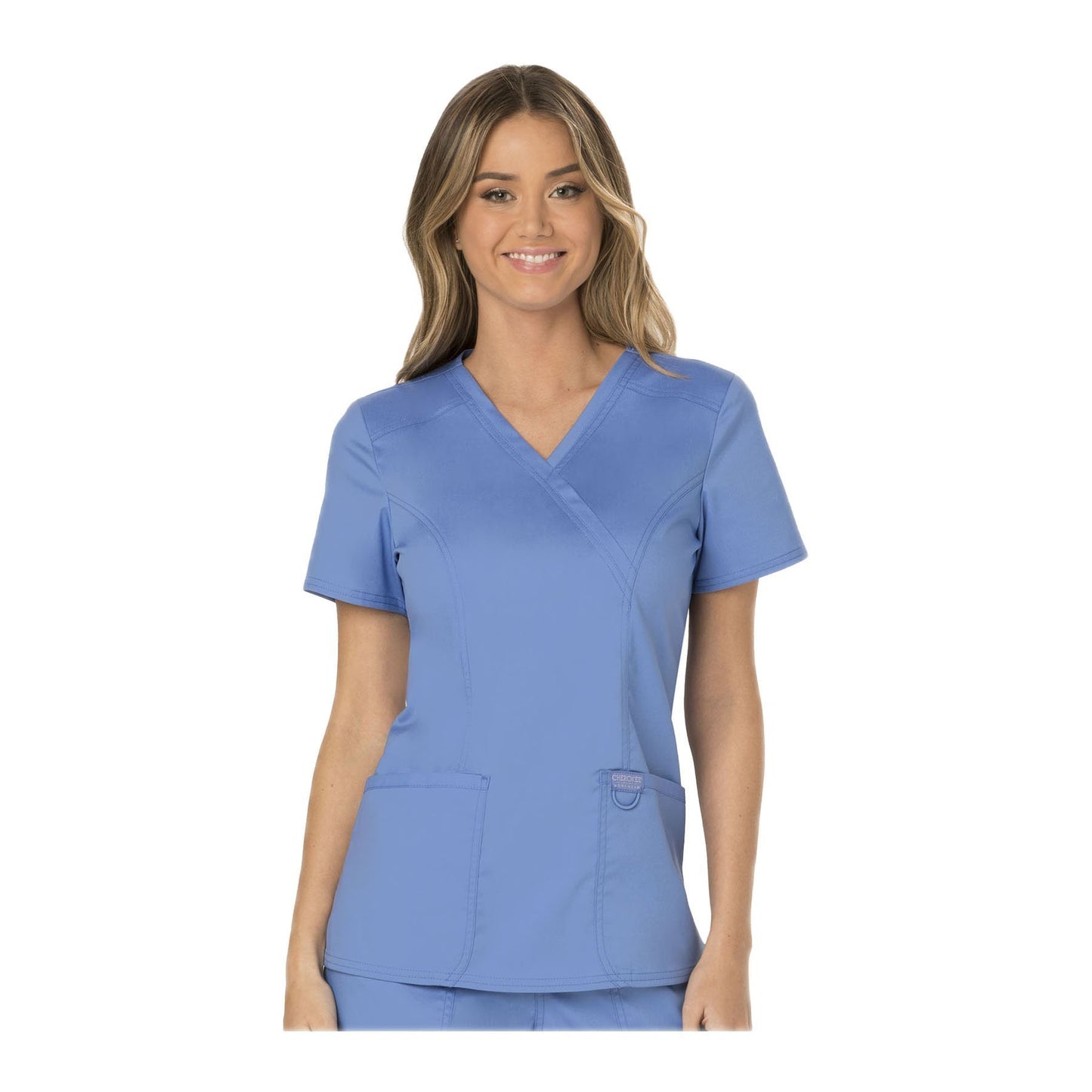 Cherokee Workwear Top WW Revolution Mock Wrap Top Ciel Blue Top