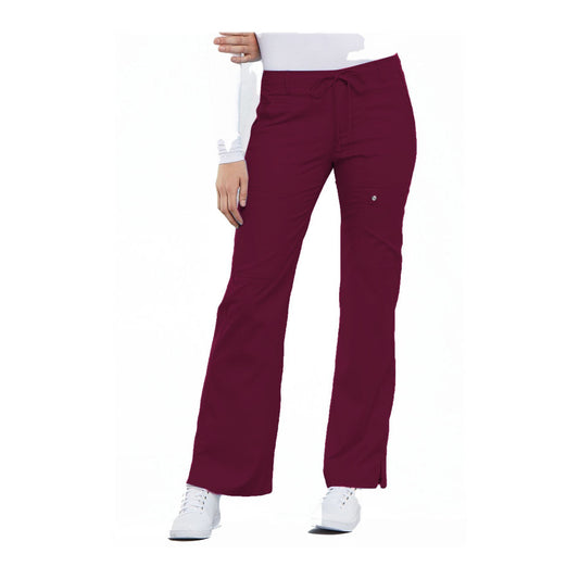 Cherokee Scrub Pants Luxe Contemporary Fit Low Rise Flare Leg Drawstring Cargo Pant Wine Pant